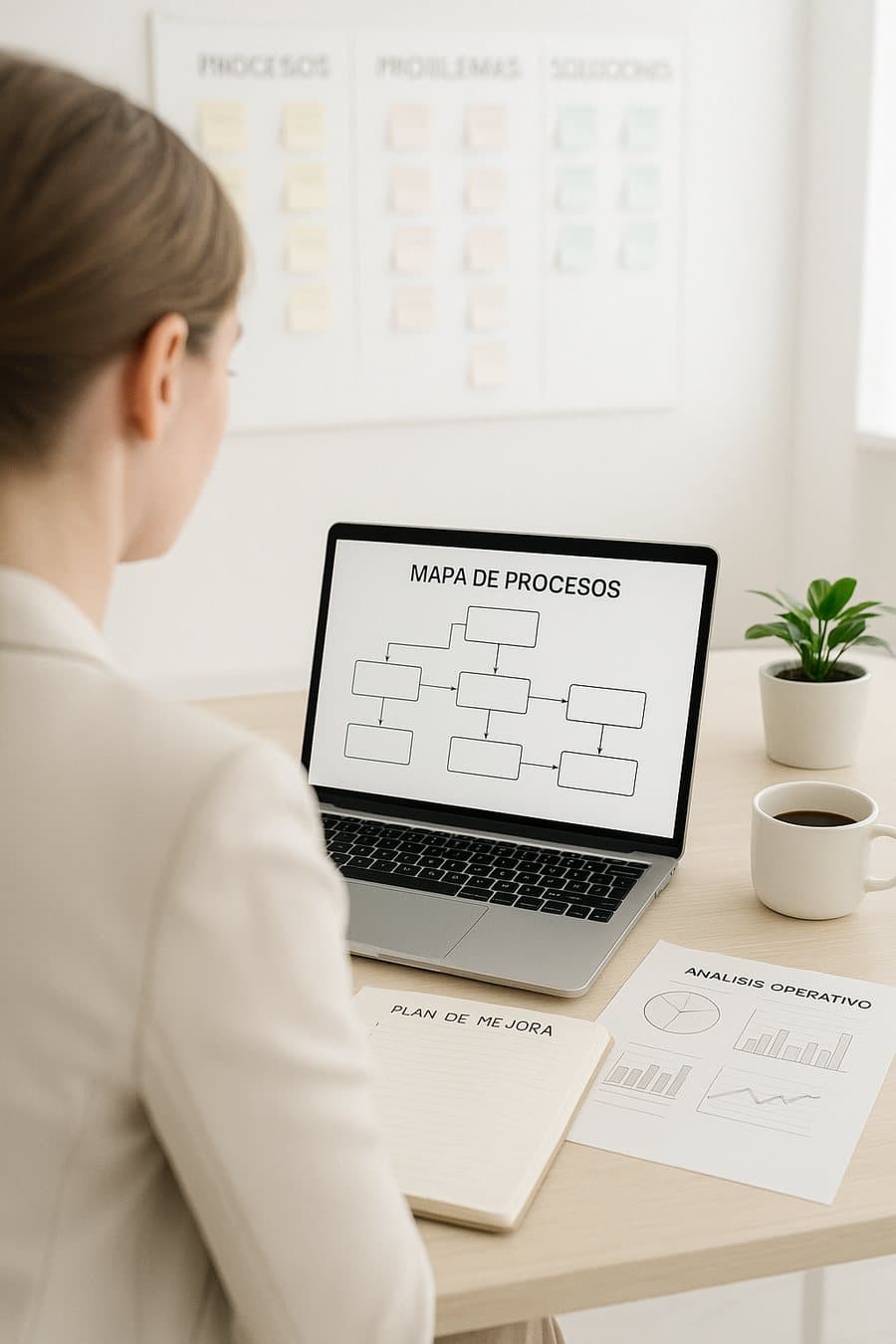 Consultora analizando el mapa de procesos de una empresa junto a un plan de mejora y el análisis operativo