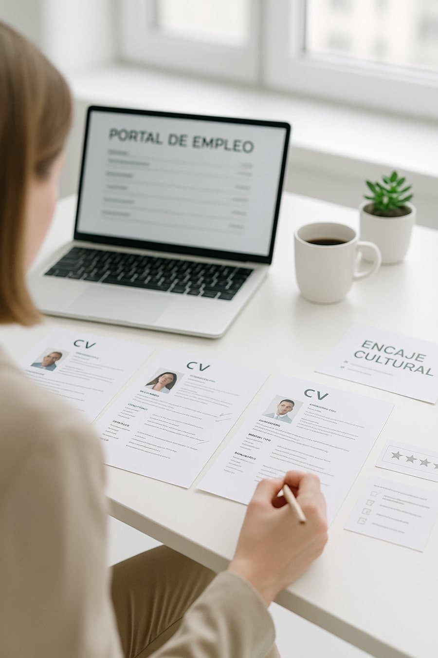 Consultora comparando currículums junto a la evaluación de encaje cultural y el portal de empleo propio
