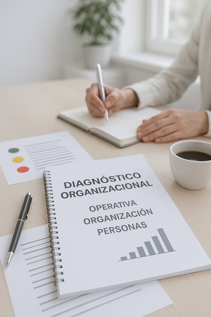 Informe de diagnóstico organizacional con sus tres capas (operativa, organización, personas) y el semáforo de prioridades