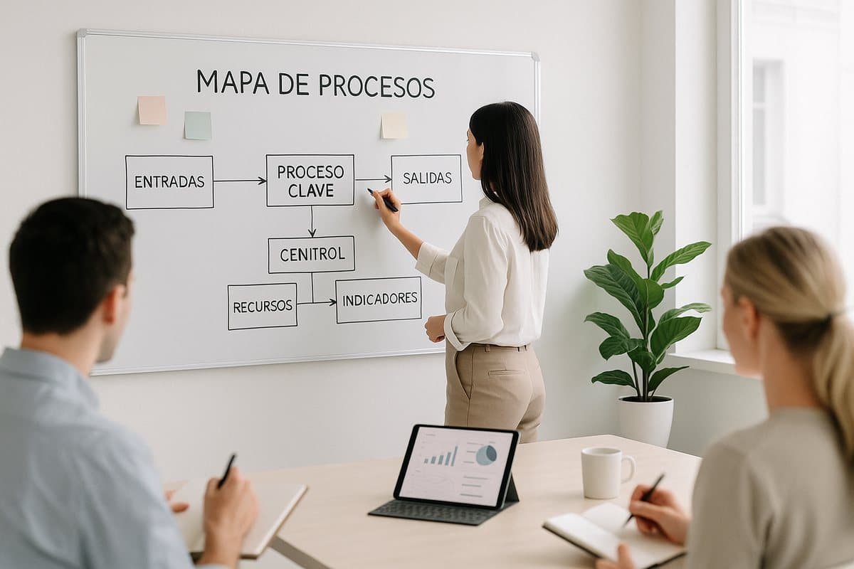 Taller de liderazgo: equipo trabajando un mapa de procesos en una pizarra