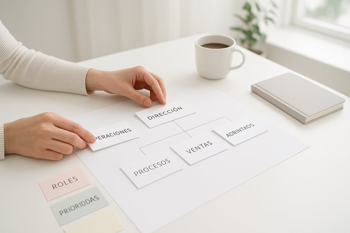 Manos ordenando un organigrama de papel con tarjetas de roles y notas de prioridades