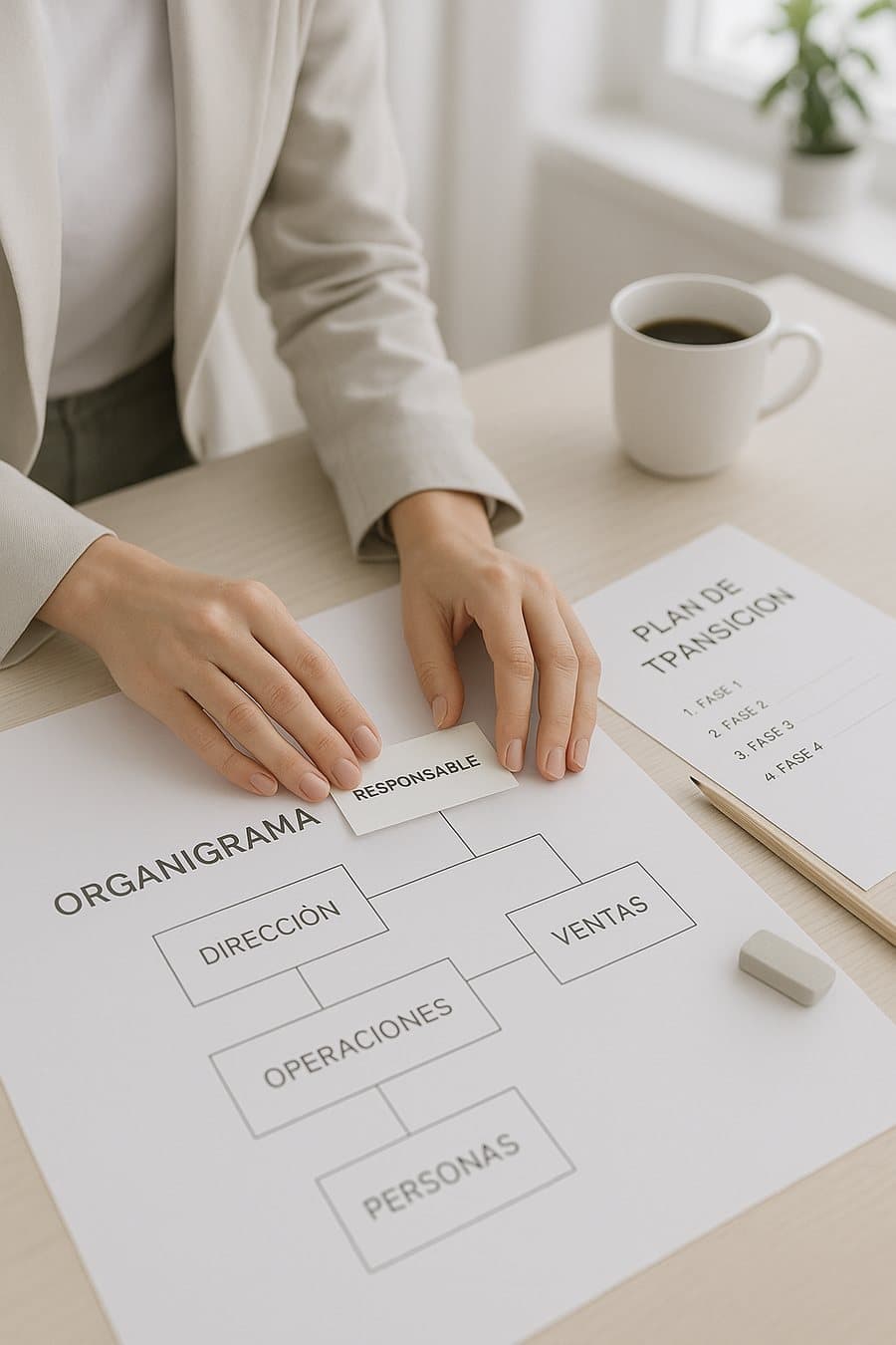 Consultora recolocando un rol sobre el organigrama en papel junto al plan de transición por fases
