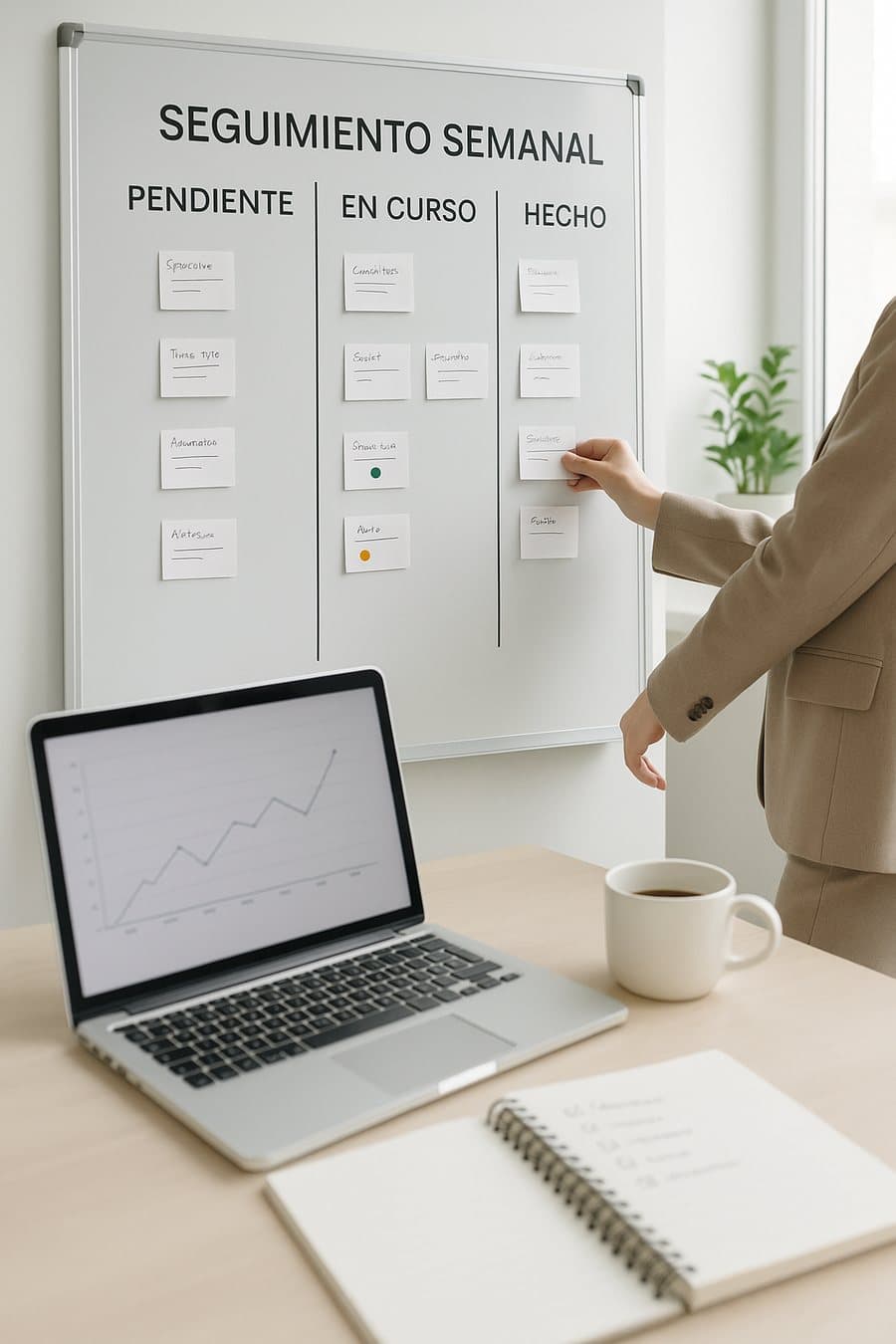 Tablero de seguimiento semanal con columnas pendiente, en curso y hecho durante una reunión de control operativo